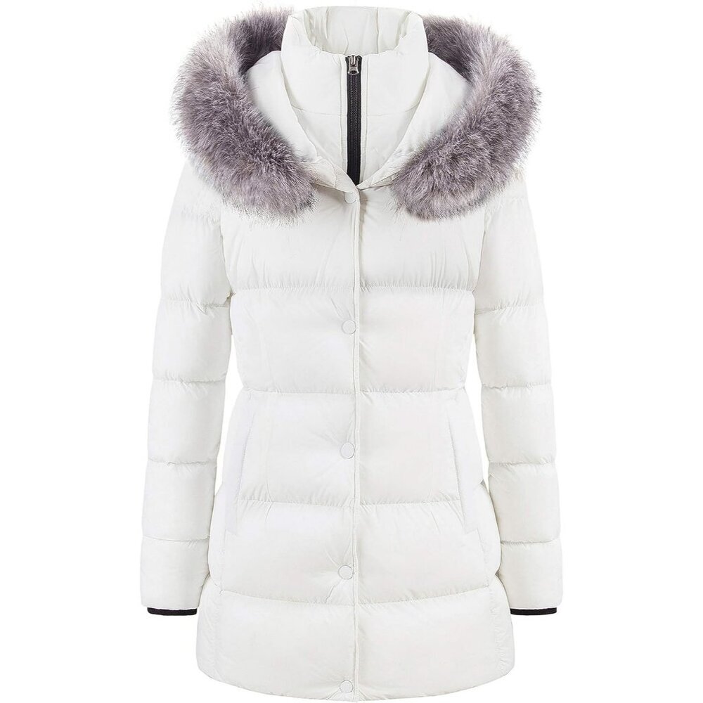 Women's White Long Snow Puffer Jacket Coat Removable Faux Fur Trim Winter Warm